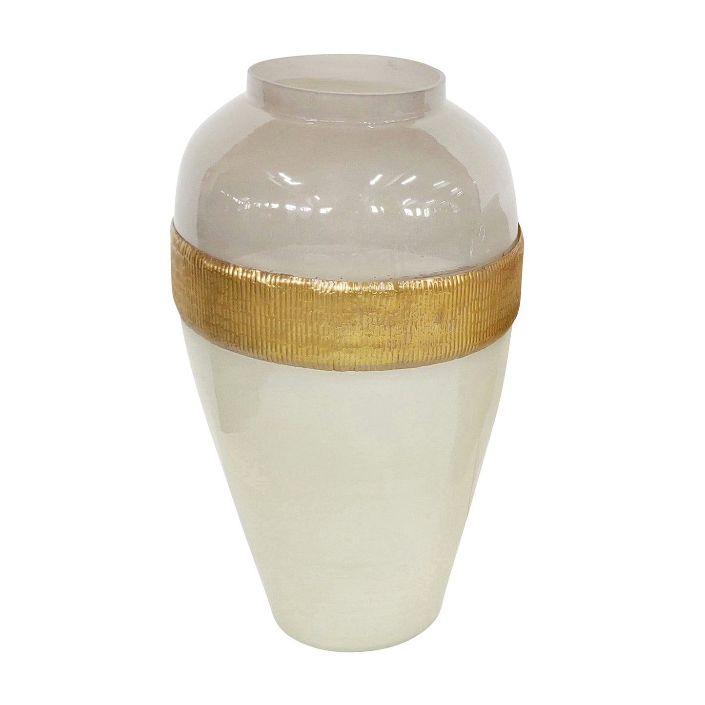 Glass 21"h Ginger Vase W/ Brass Band, White