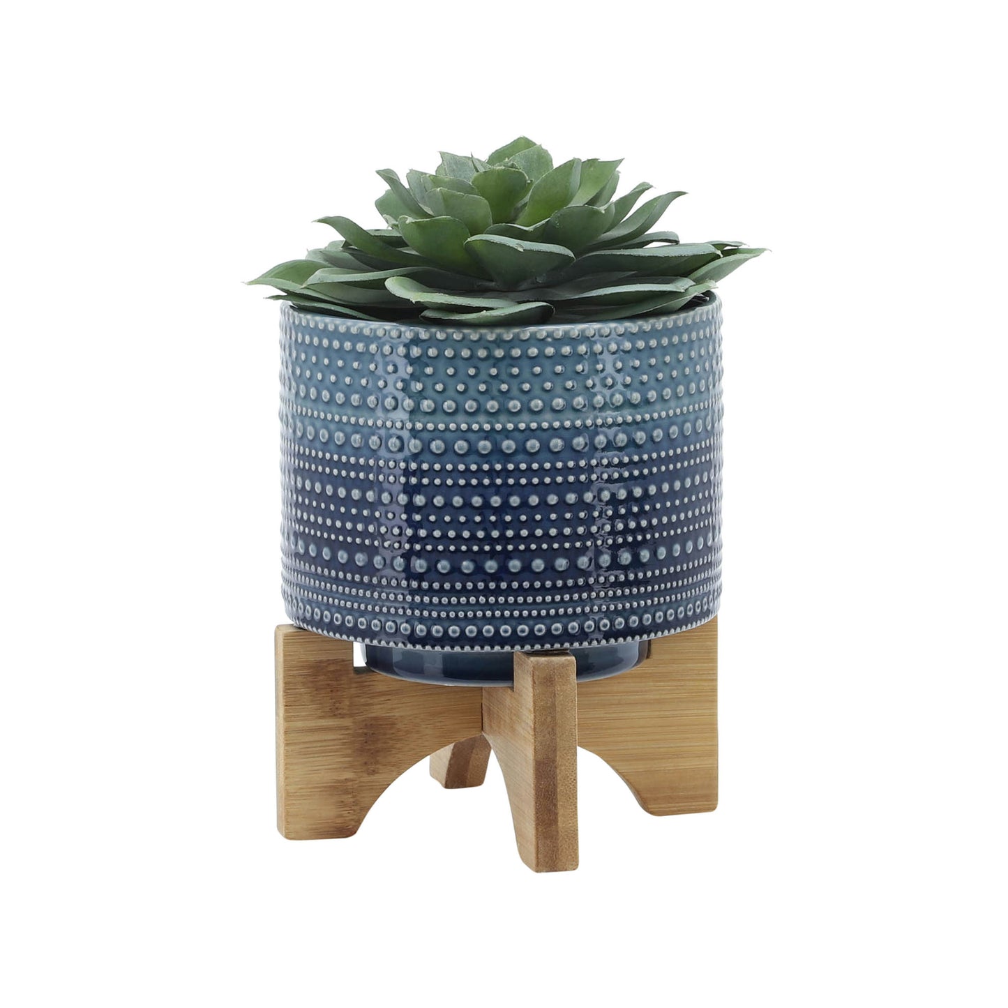 5" Dotted Planter W/ Wood Stand, Blue