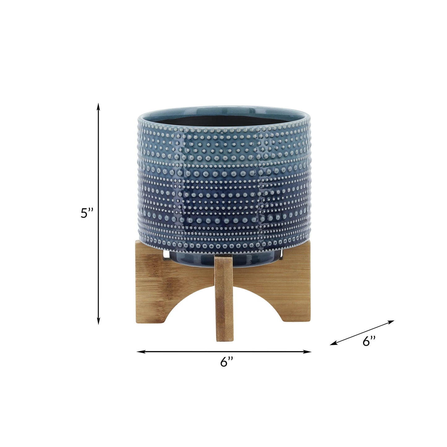 5" Dotted Planter W/ Wood Stand, Blue