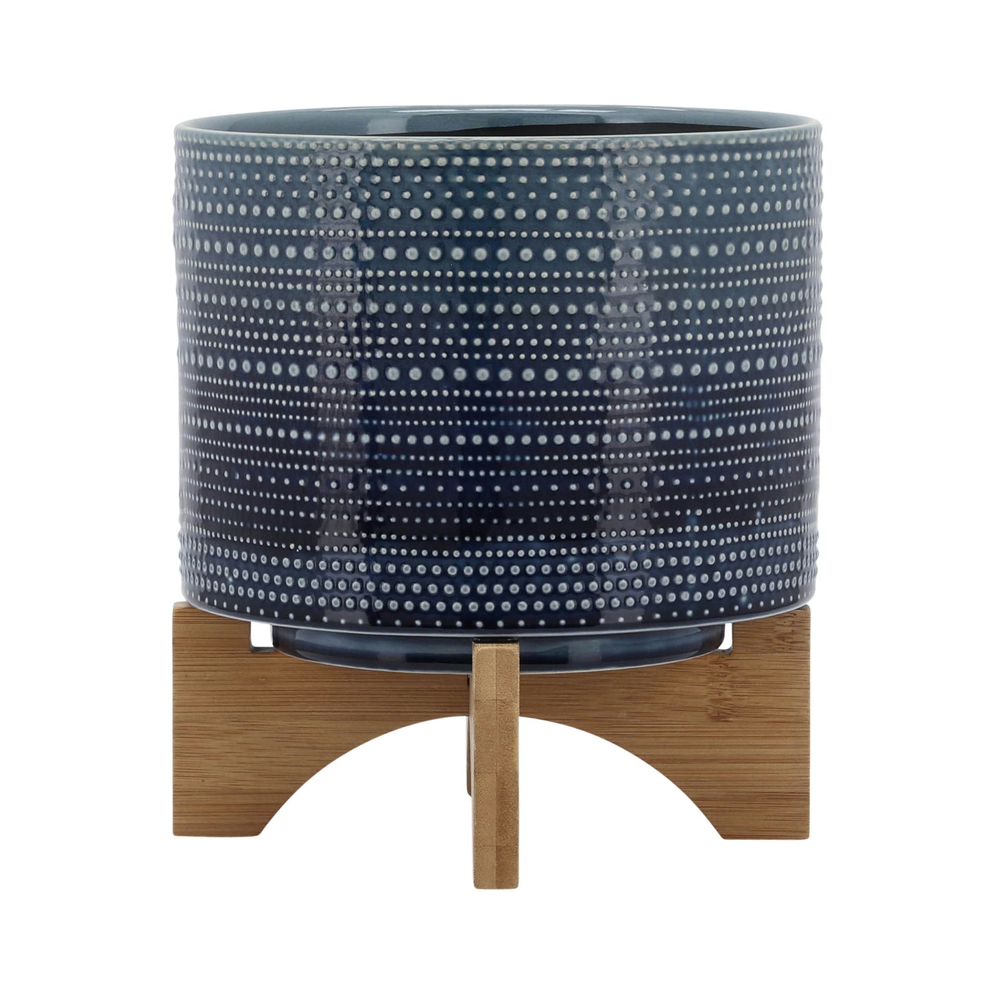 8" Dotted Planter W/ Wood Stand, Blue