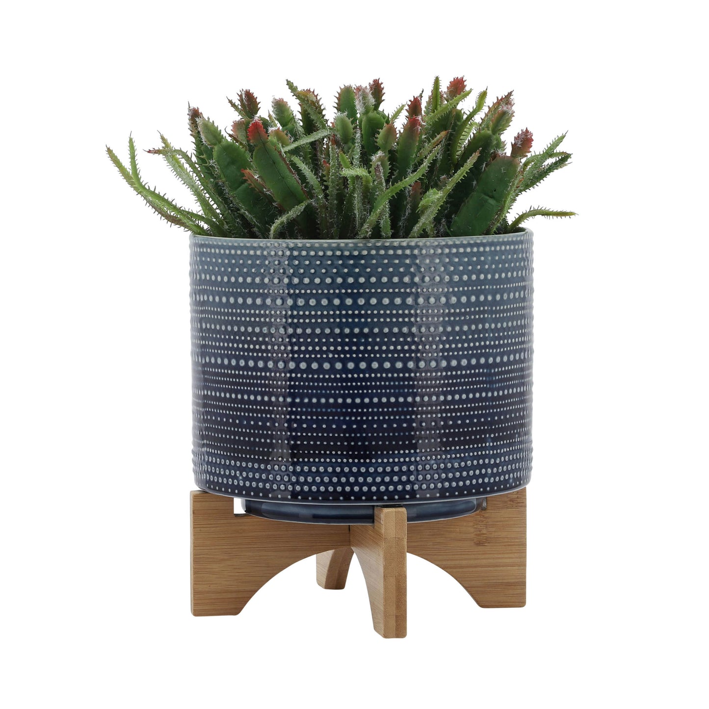 8" Dotted Planter W/ Wood Stand, Blue