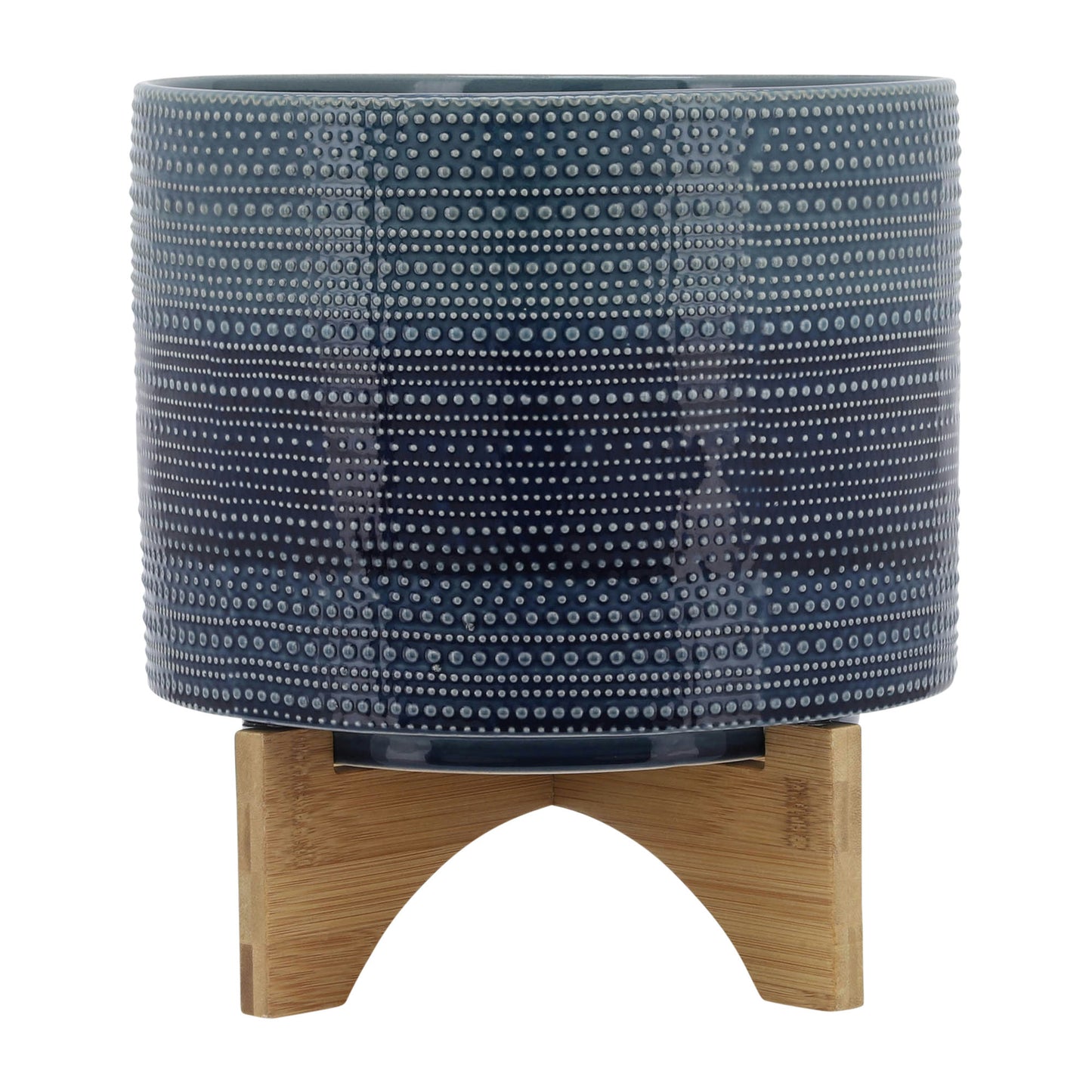 10" Dotted Planter W/ Wood Stand, Dark Blue