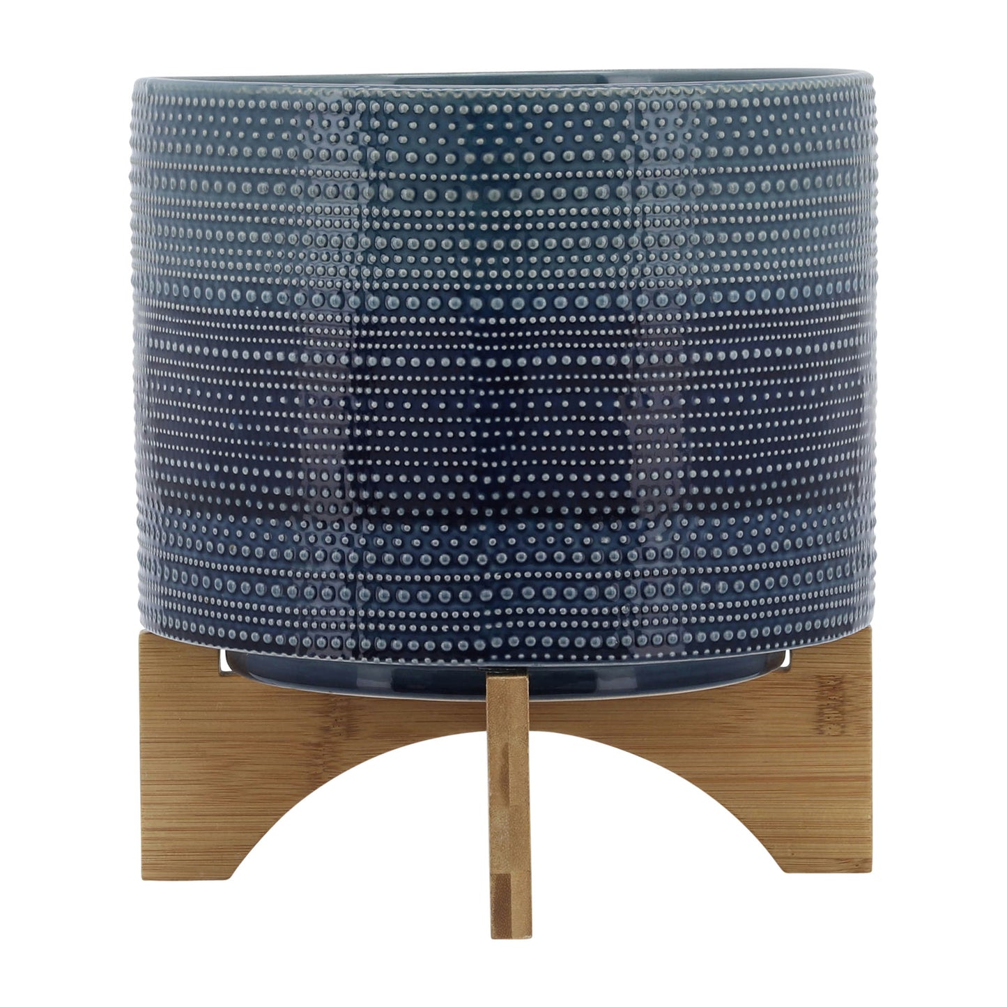 10" Dotted Planter W/ Wood Stand, Dark Blue