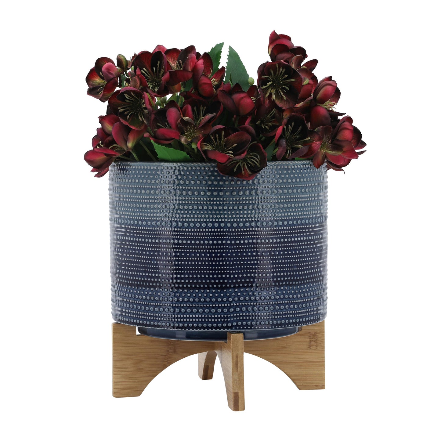 10" Dotted Planter W/ Wood Stand, Dark Blue