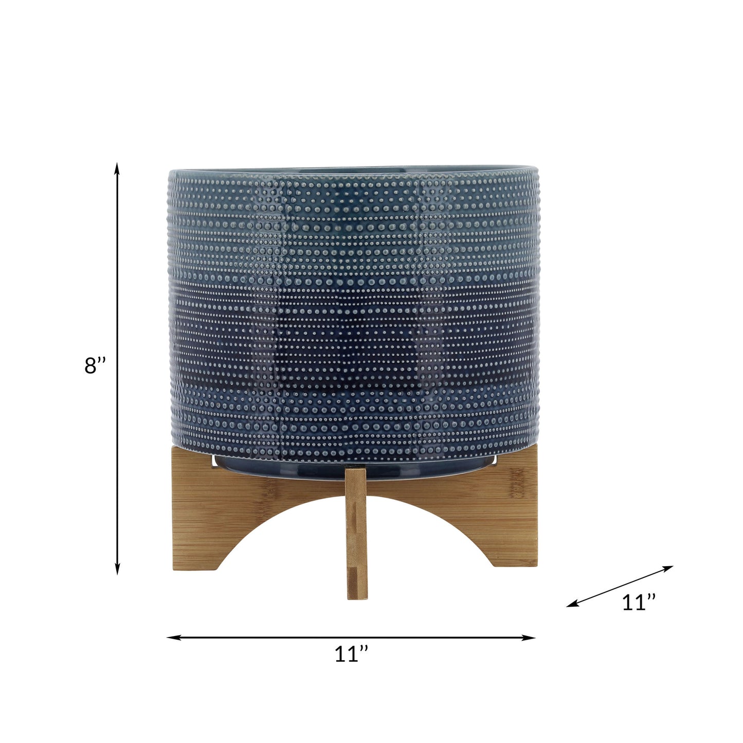 10" Dotted Planter W/ Wood Stand, Dark Blue