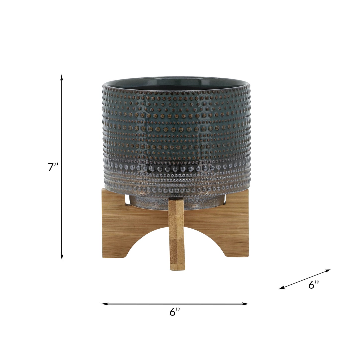 5" Dotted Planter W/ Wood Stand, Green