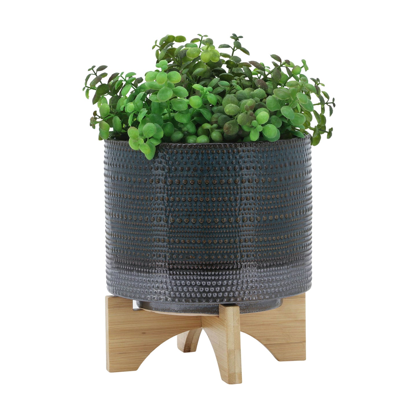 8" Dotted Planter W/ Wood Stand, Green