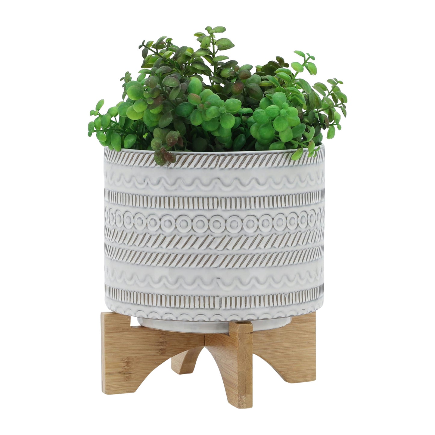 8" Tribal Planter W/ Wood Stand, Beige