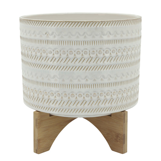 10" Tribal Planter W/ Wood Stand, Beige