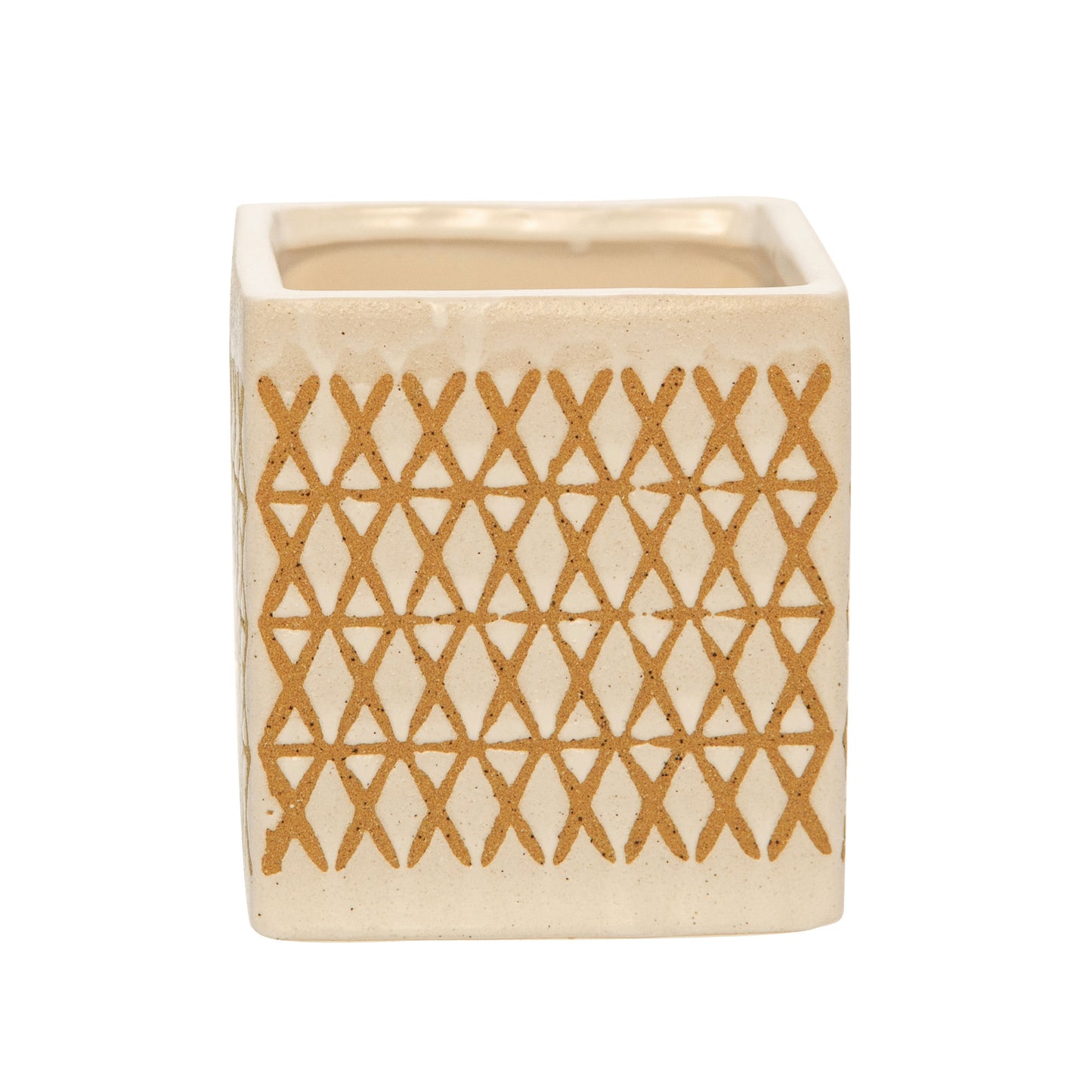 Ceramic 4" Square X-design Pen Holder, Cream