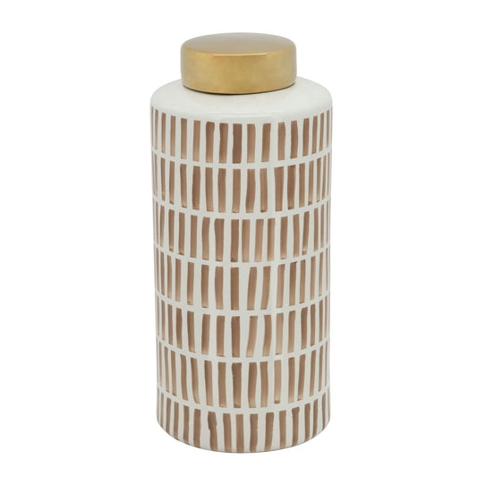 13" Jar W/ Gold Lid, Tan