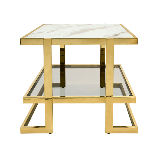 Metal/marble Glass Side Table, Gold/white Kd