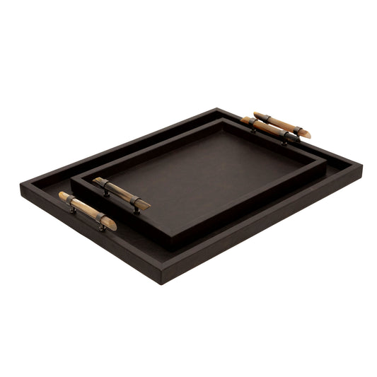 Wood S/2 14/18" Faux Leather Tray, Brown