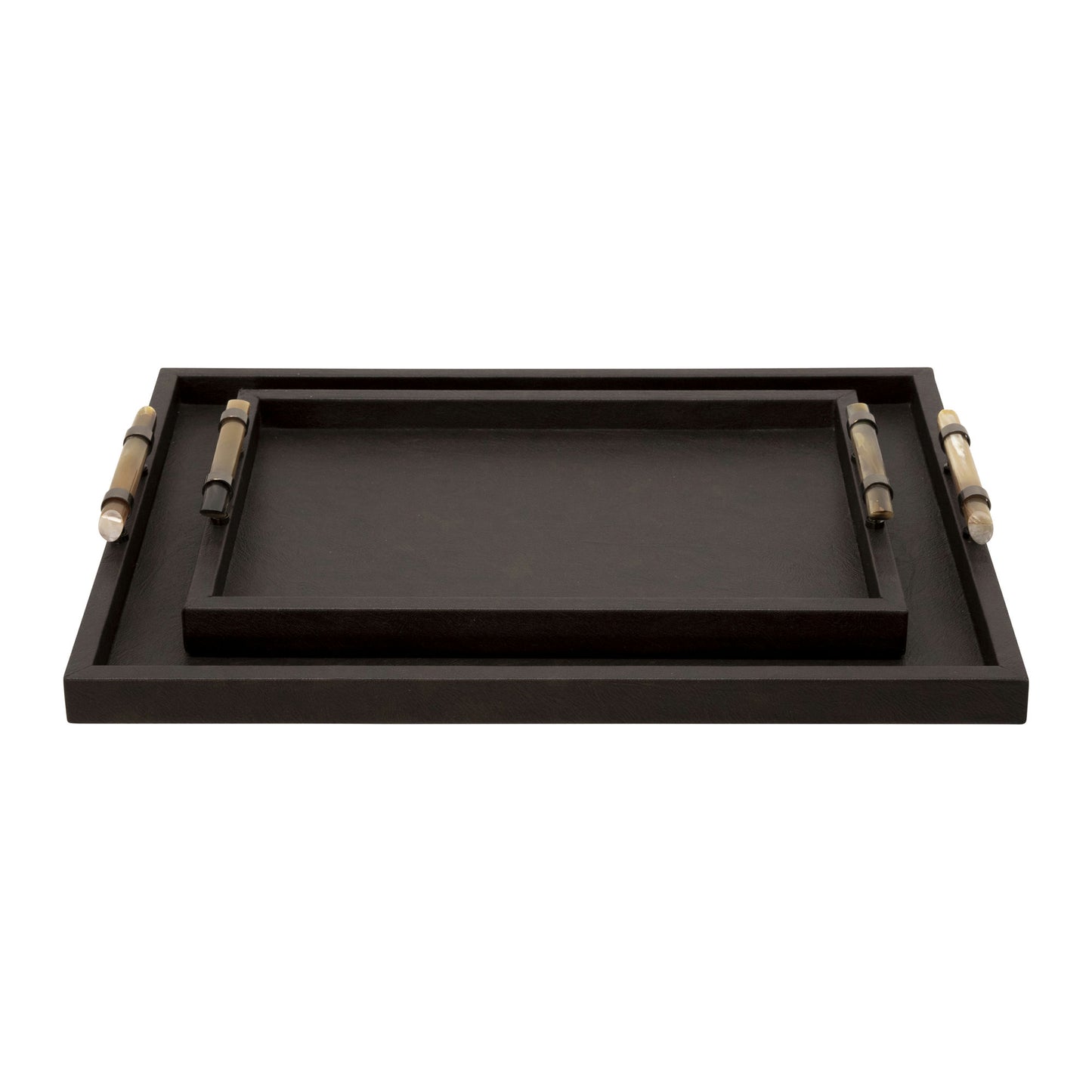 Wood S/2 14/18" Faux Leather Tray, Brown