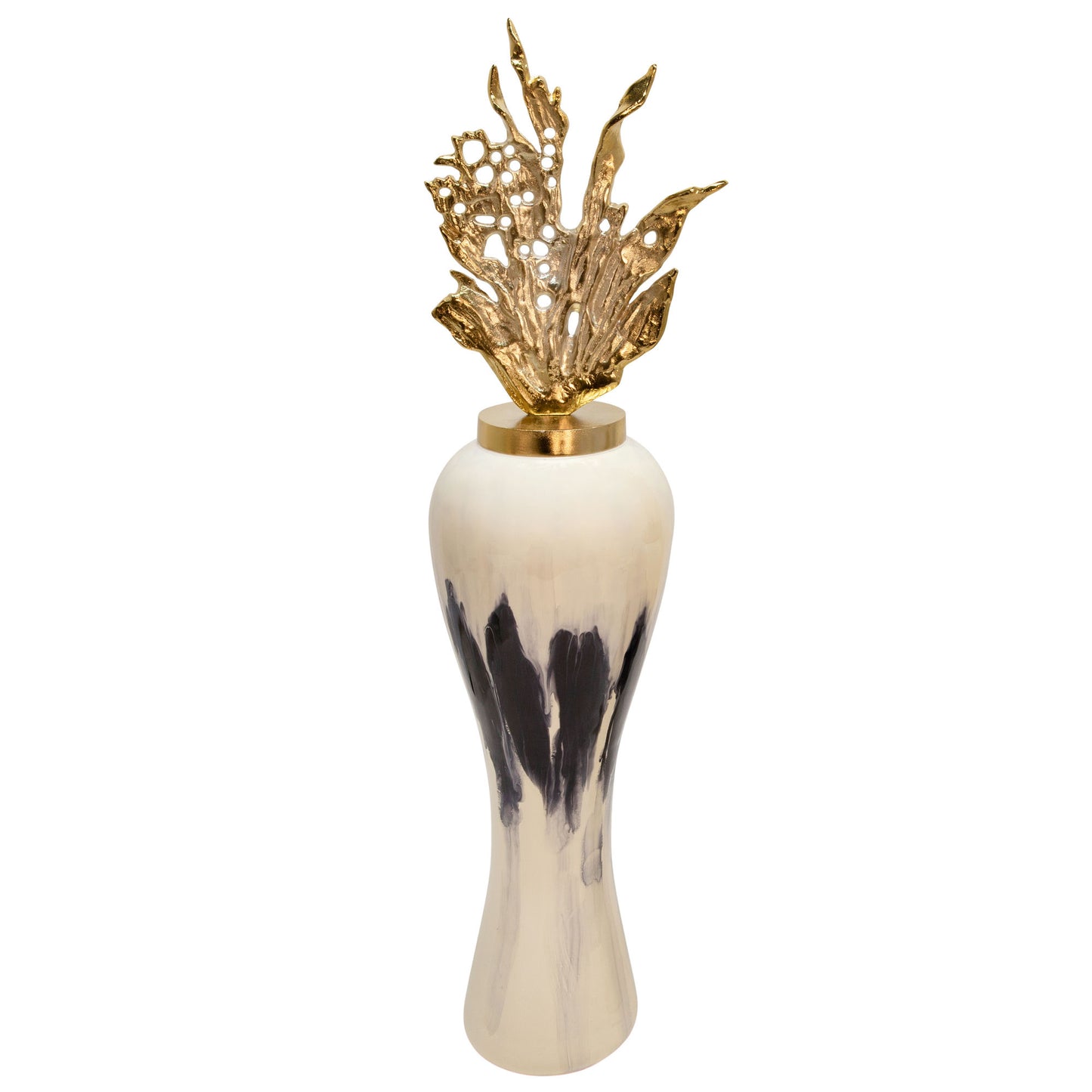 43"h Metal Vase W/ Leaf Like Lid, White