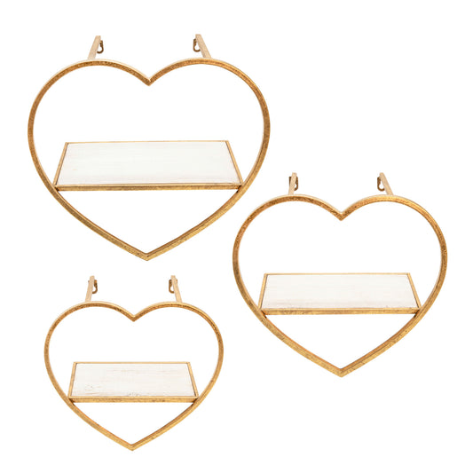 S/3 Metal/wood Heart Wall Shelves, Gold