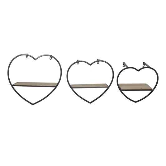 S/3 Metal/wood Heart Wall Shelves, Brown/black