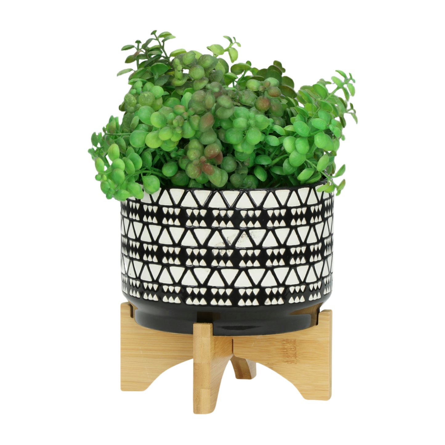 7" Abstract Planter With Wooden Stand, Black