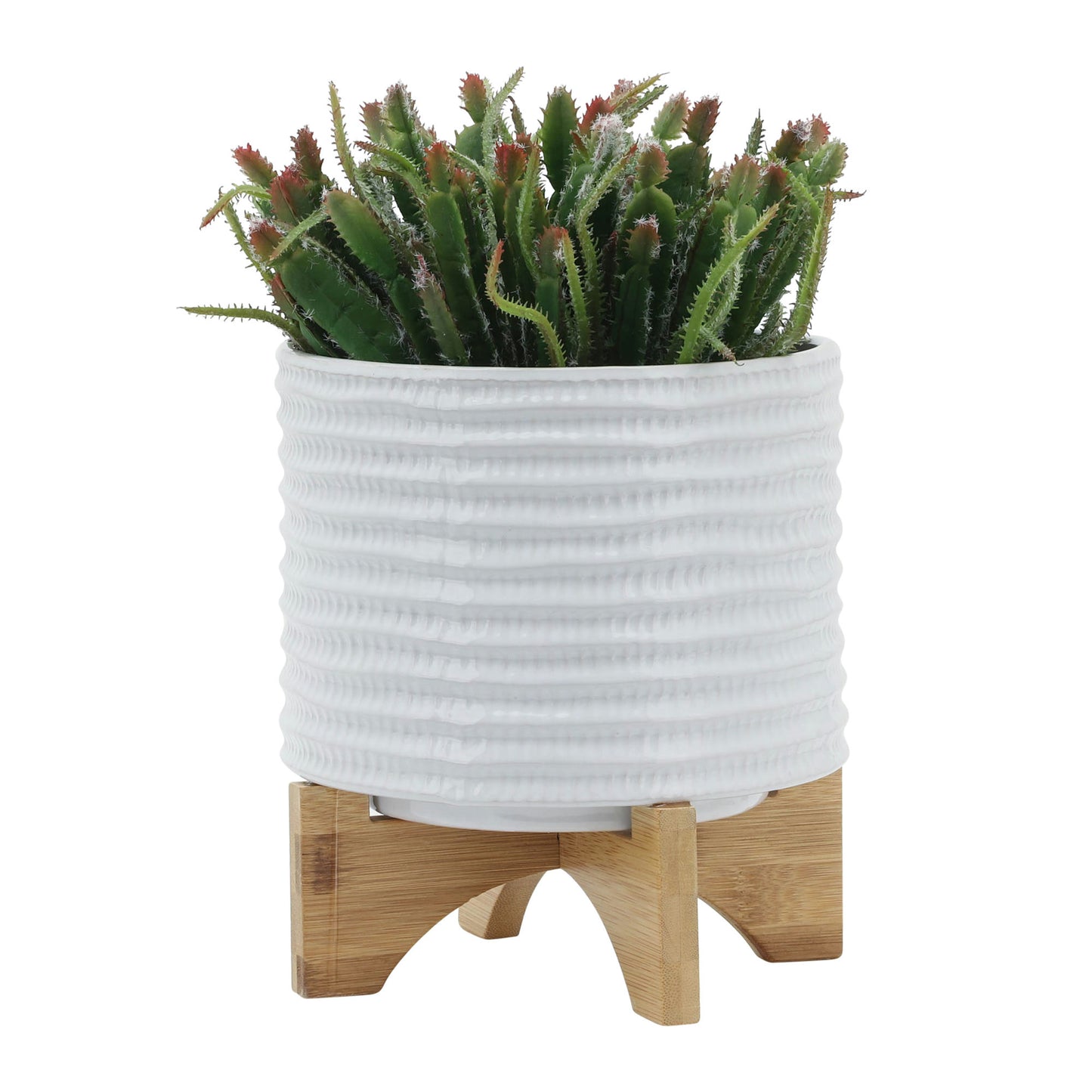 8" Textured Planter W/ Stand, White