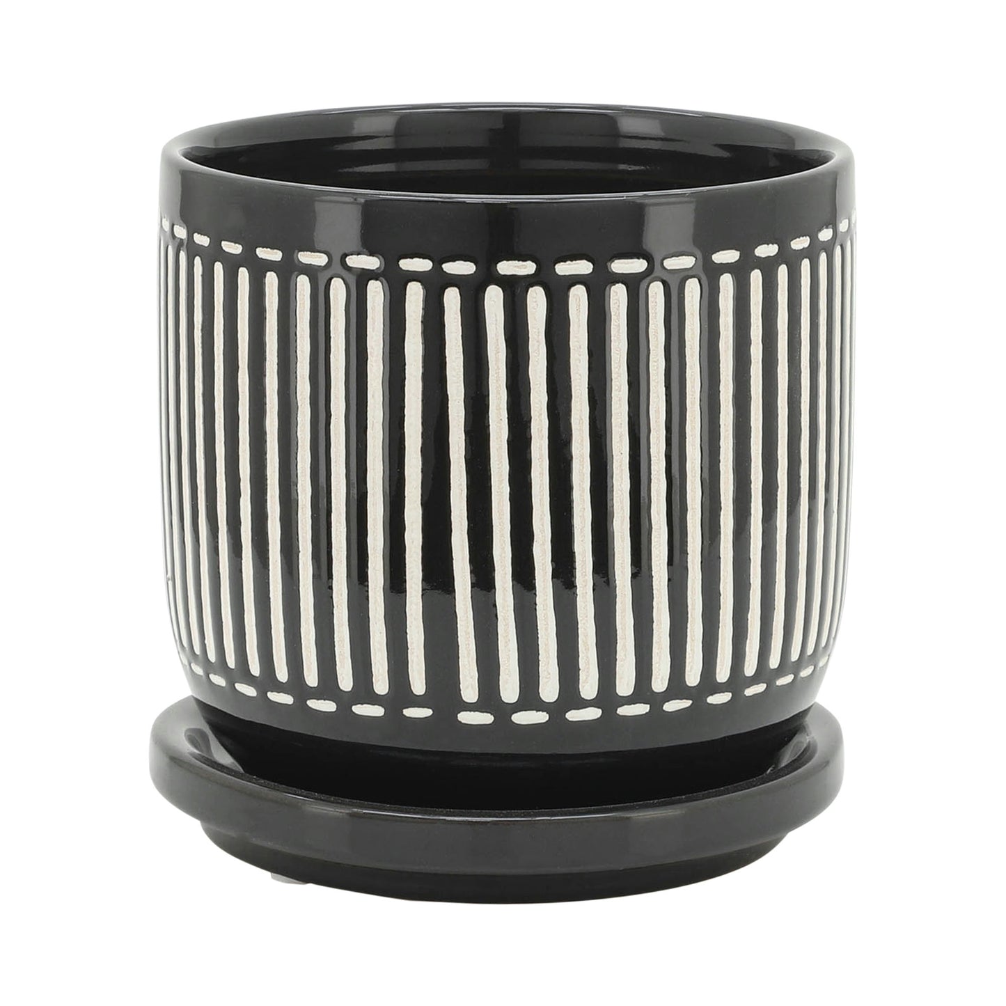 S/2 5/6" Vertical Lines Planter W/ Saucer, Black