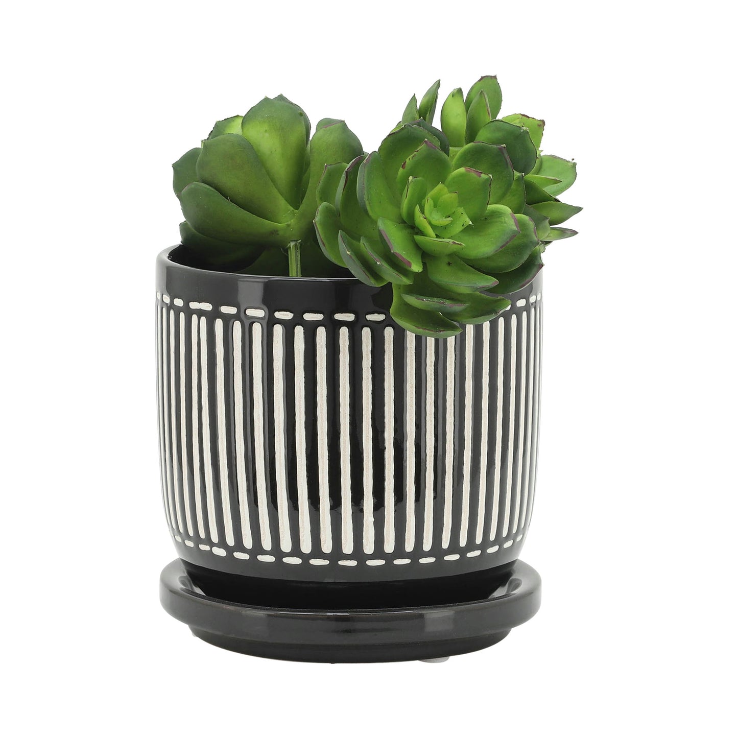 S/2 5/6" Vertical Lines Planter W/ Saucer, Black