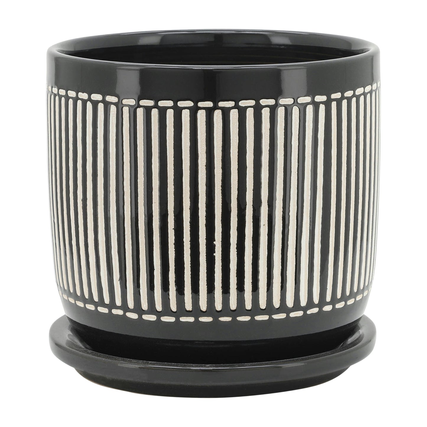 S/2 5/6" Vertical Lines Planter W/ Saucer, Black