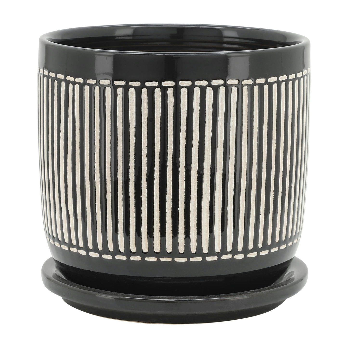 S/2 5/6" Vertical Lines Planter W/ Saucer, Black