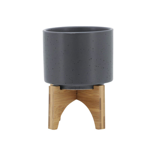 5" Planter W/ Wood Stand, Matte Gray