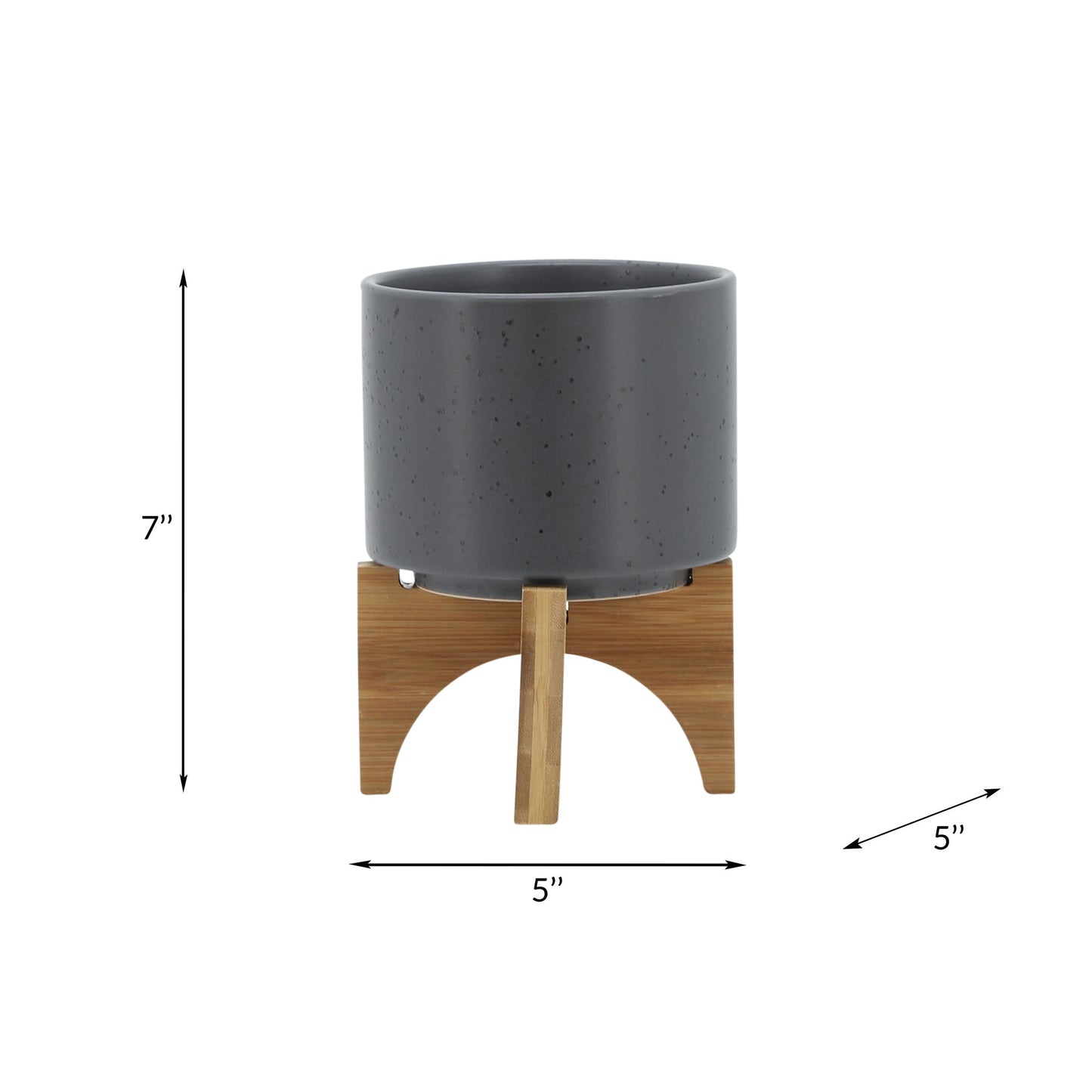 5" Planter W/ Wood Stand, Matte Gray