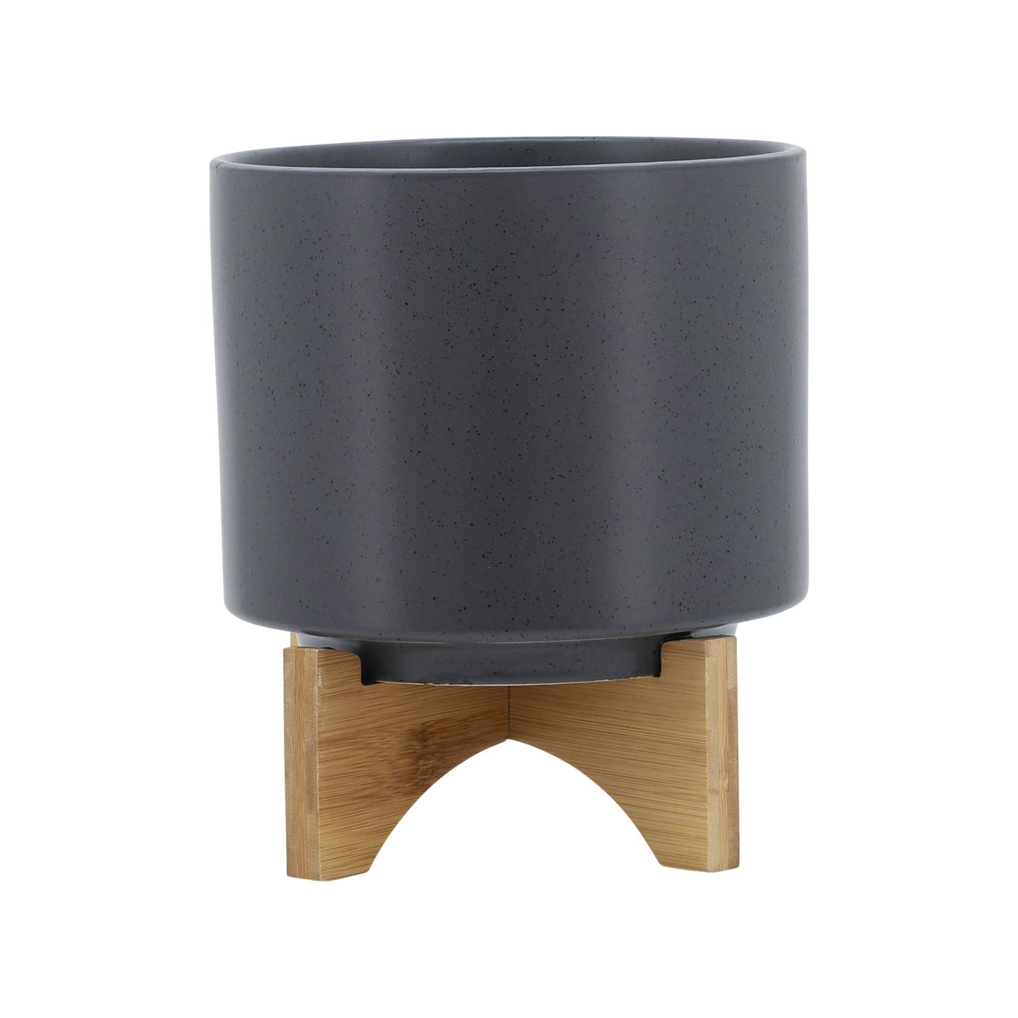 8" Planter W/ Wood Stand, Matte Gray