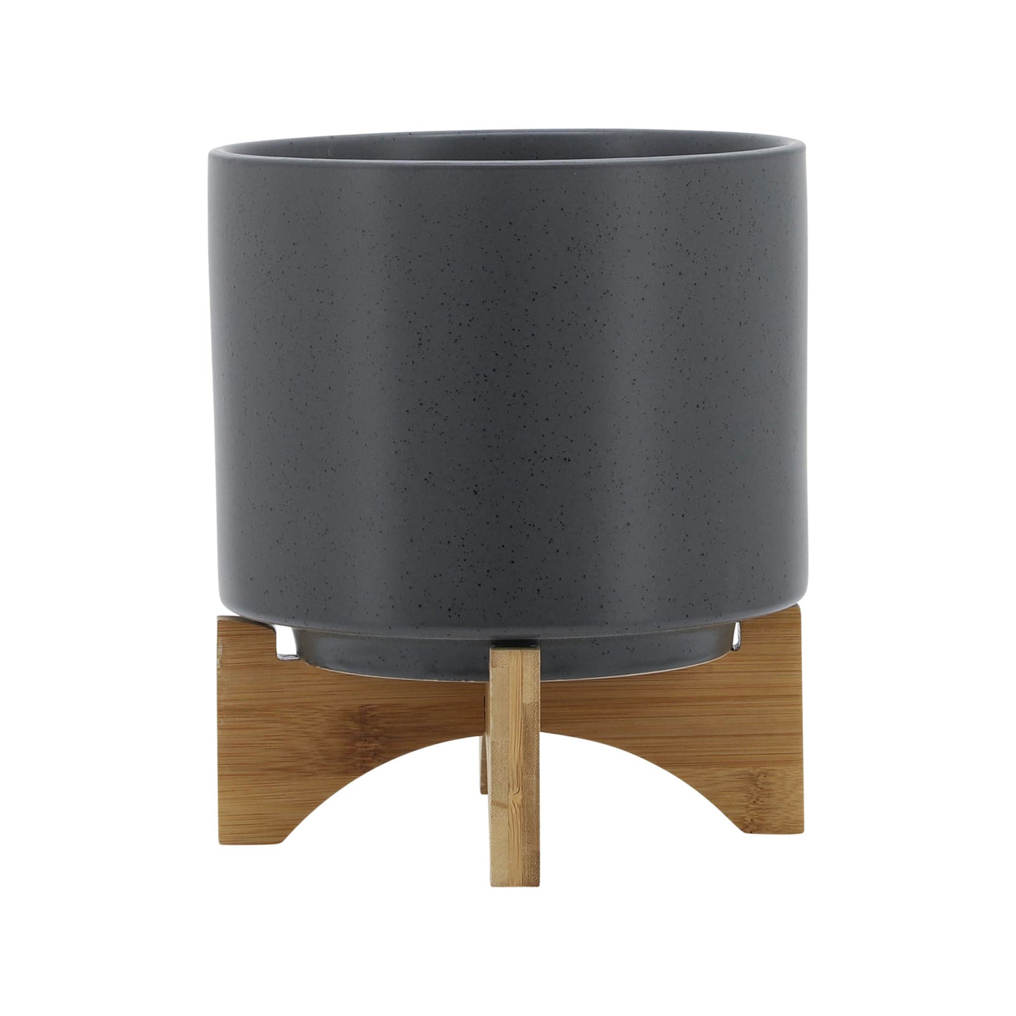 8" Planter W/ Wood Stand, Matte Gray