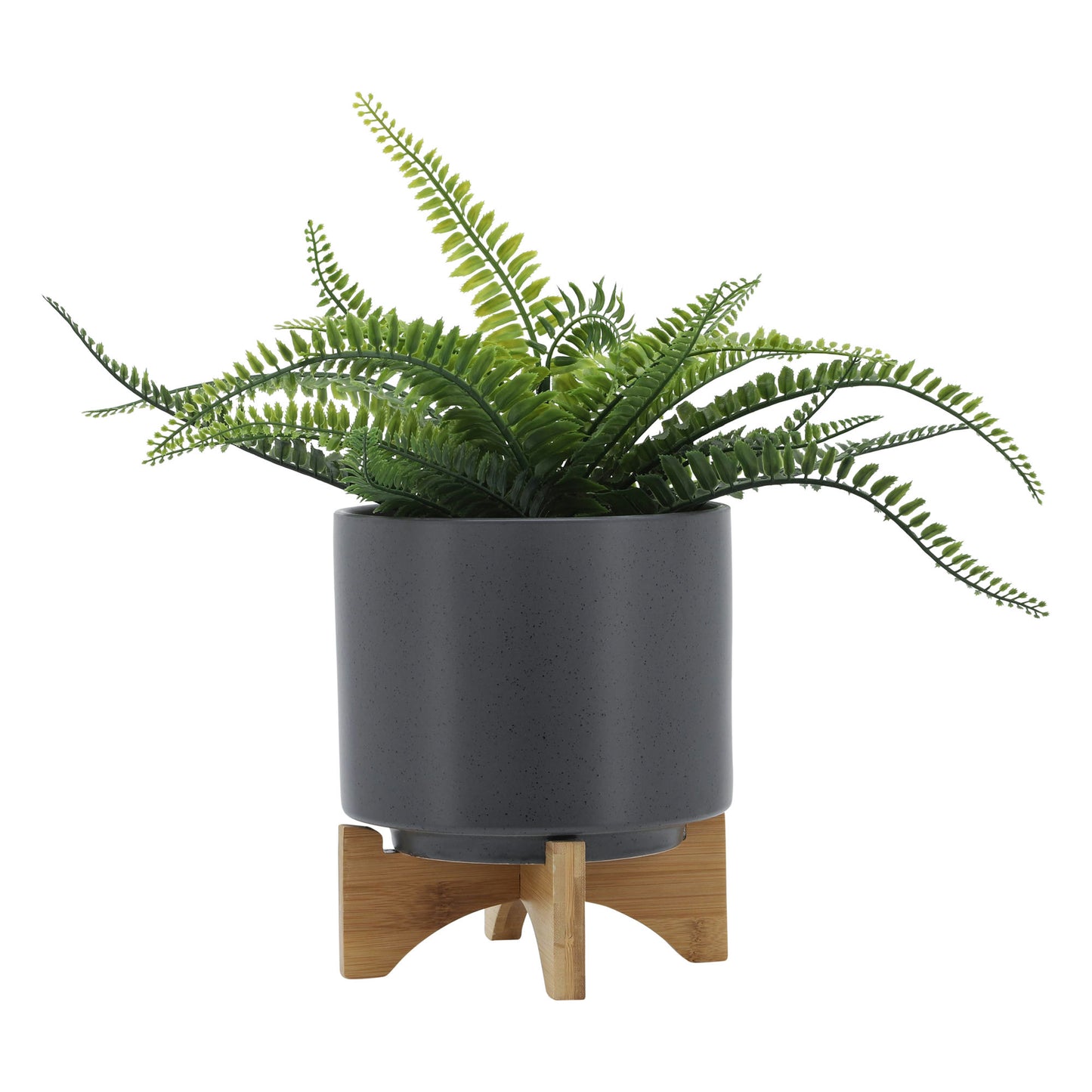 8" Planter W/ Wood Stand, Matte Gray