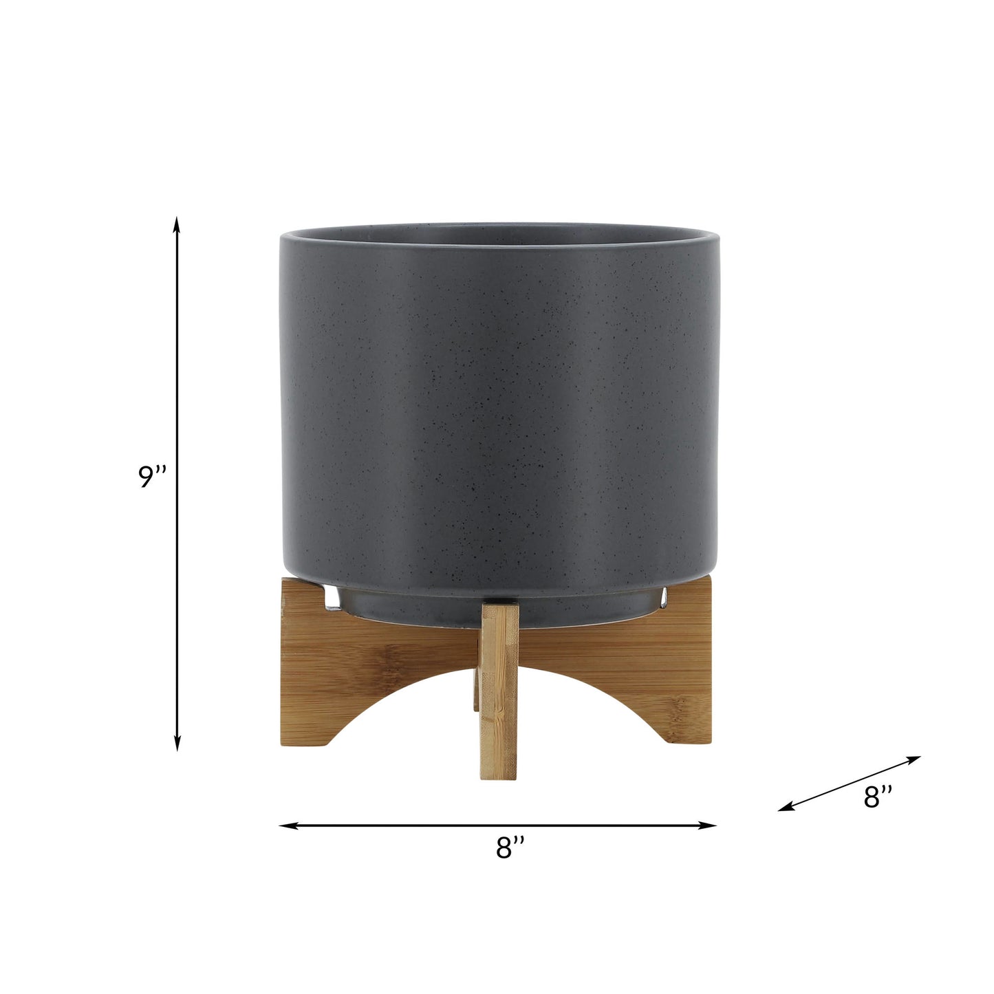 8" Planter W/ Wood Stand, Matte Gray