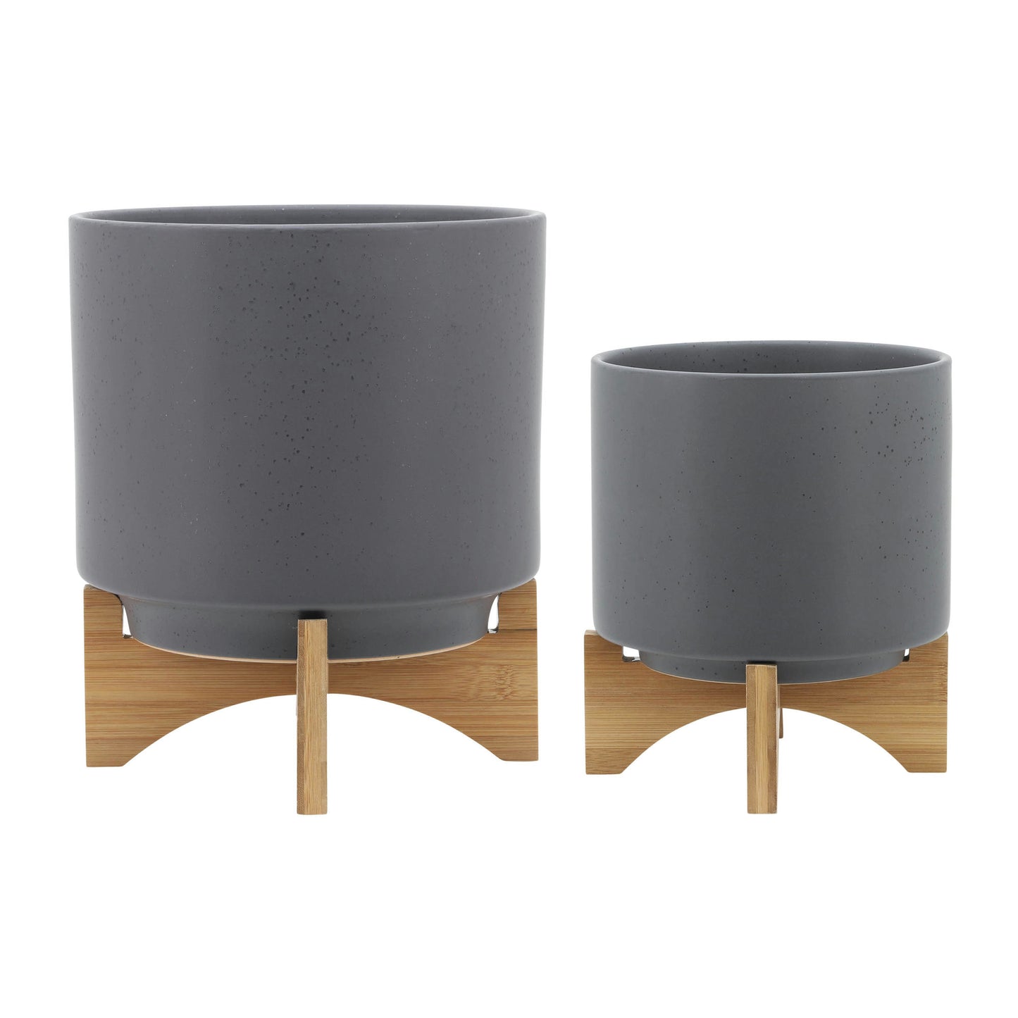 S/2 8/10" Planter W/ Wood Stand, Matte Gray