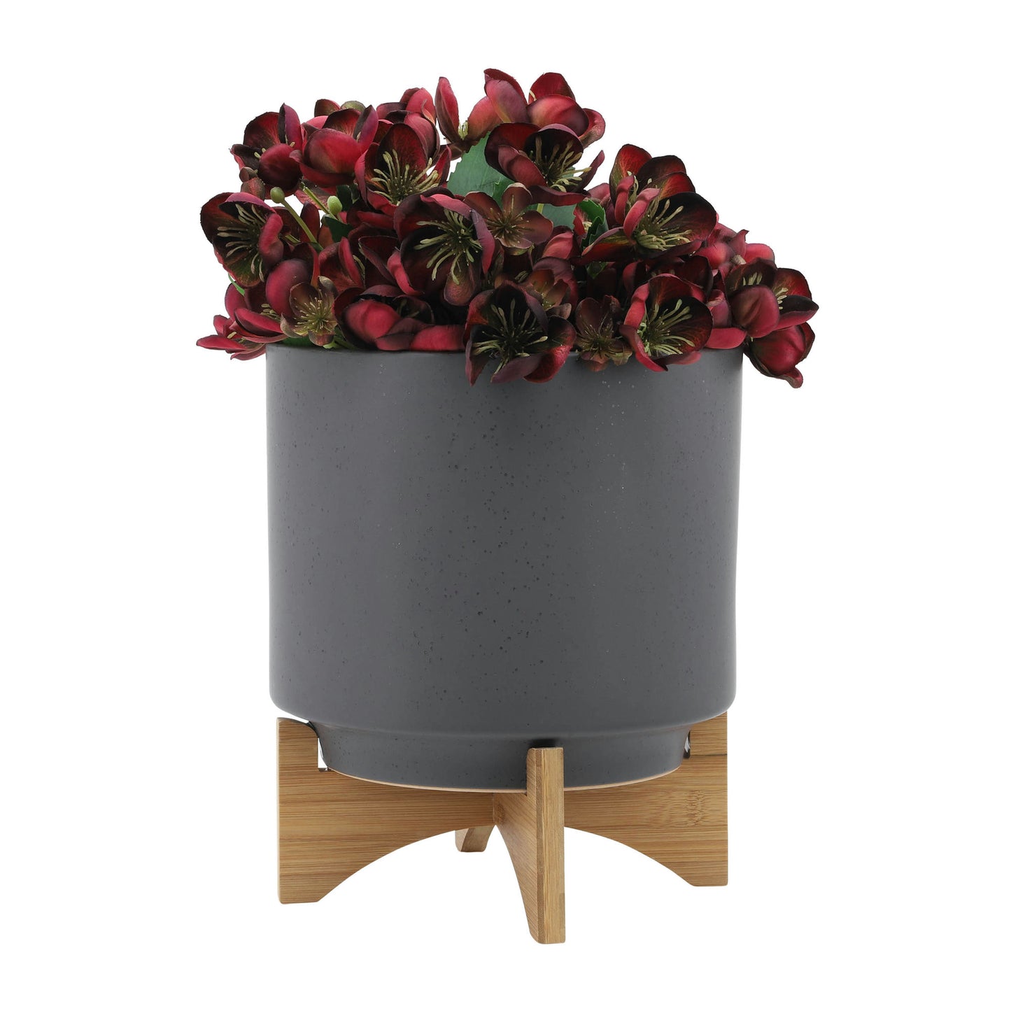 S/2 8/10" Planter W/ Wood Stand, Matte Gray