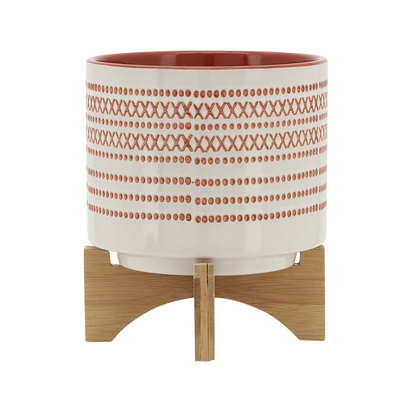 8" Aztec Planter W/ Wood Stand, Orange
