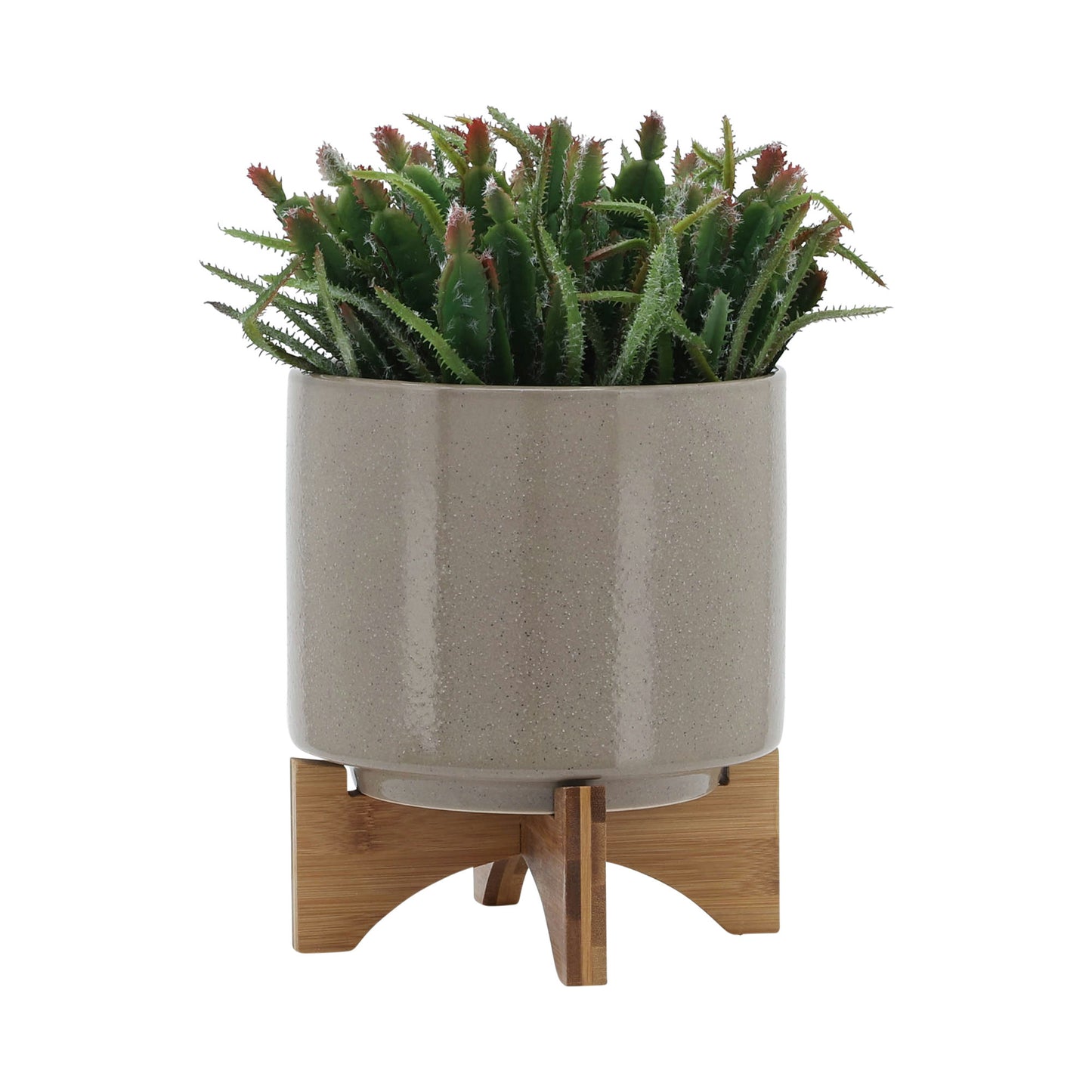 8" Planter W/ Wood Stand, Beige