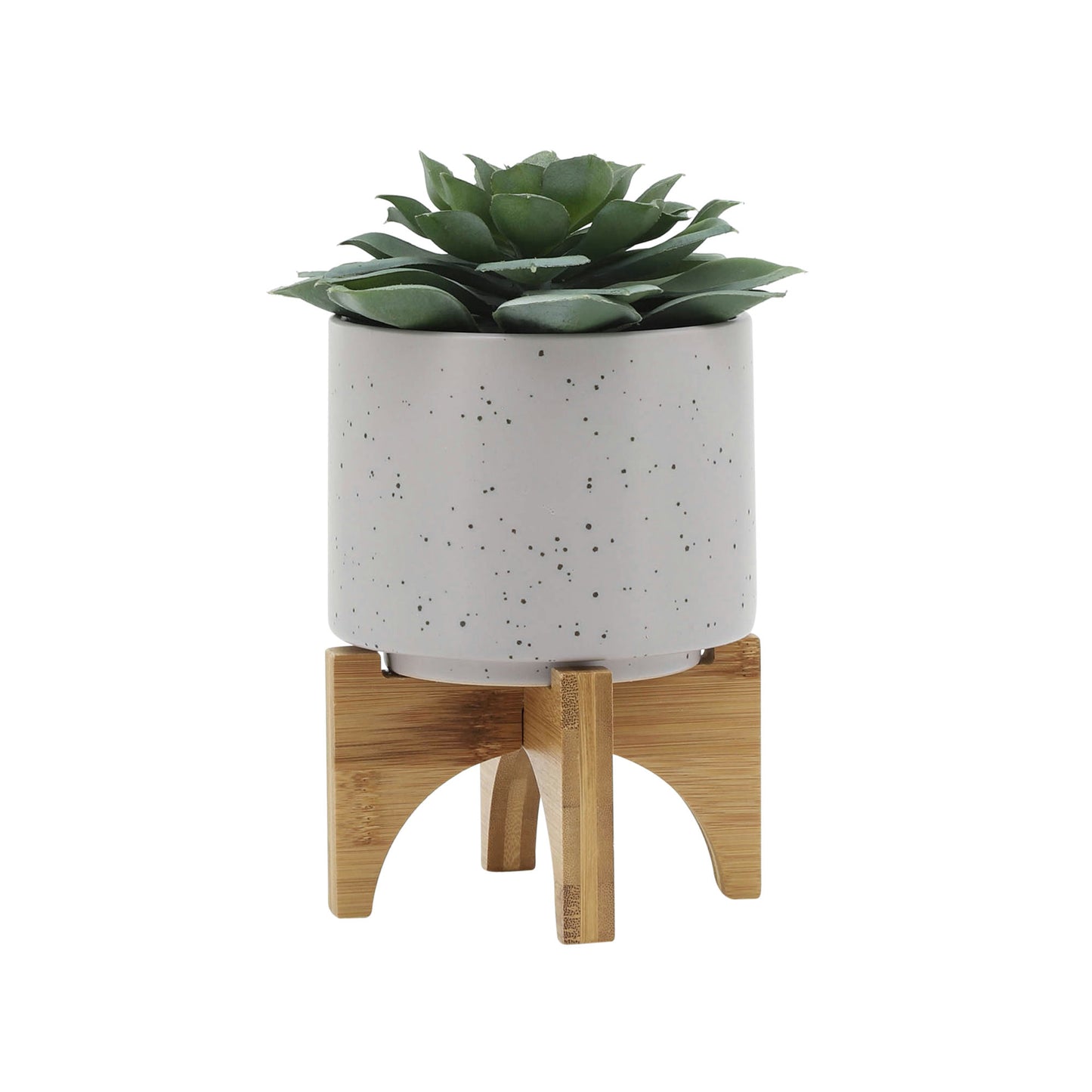 5" Planter W/ Wood Stand, Matte Beige