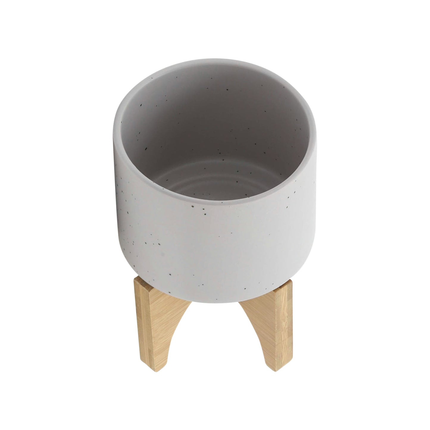 5" Planter W/ Wood Stand, Matte Beige