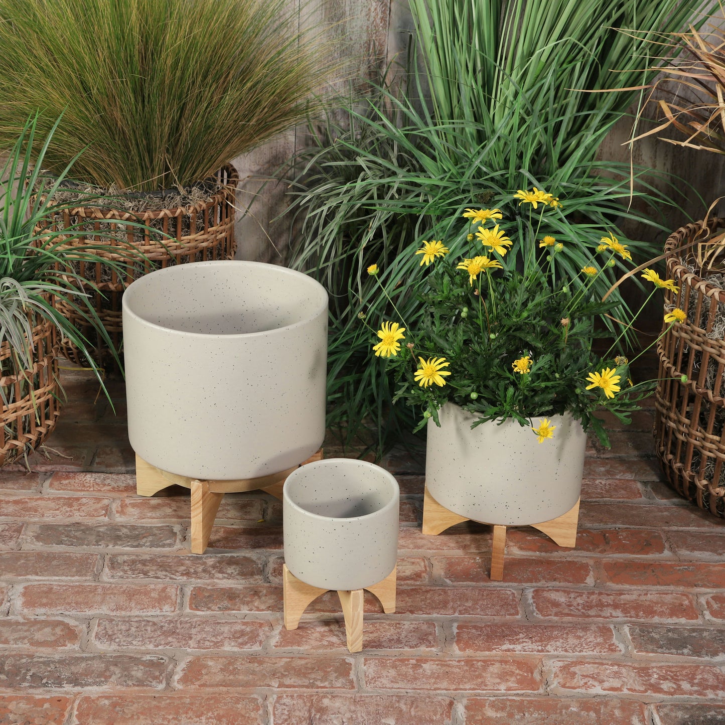 5" Planter W/ Wood Stand, Matte Beige