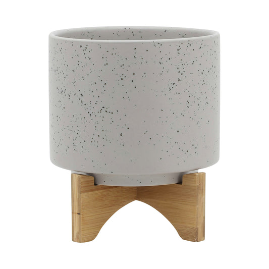 8" Planter W/ Wood Stand, Matte Beige