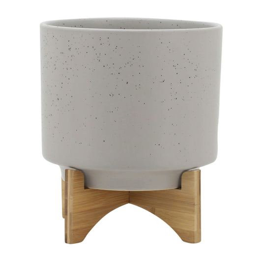 10" Planter W/ Wood Stand, Matte Beige