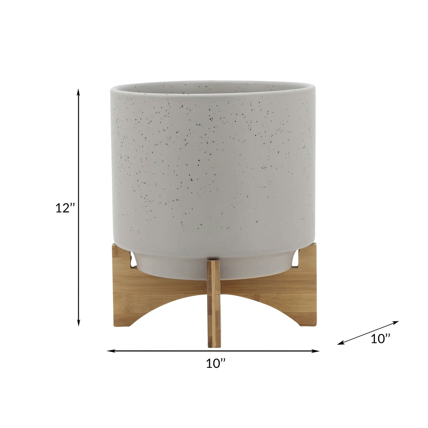 10" Planter W/ Wood Stand, Matte Beige