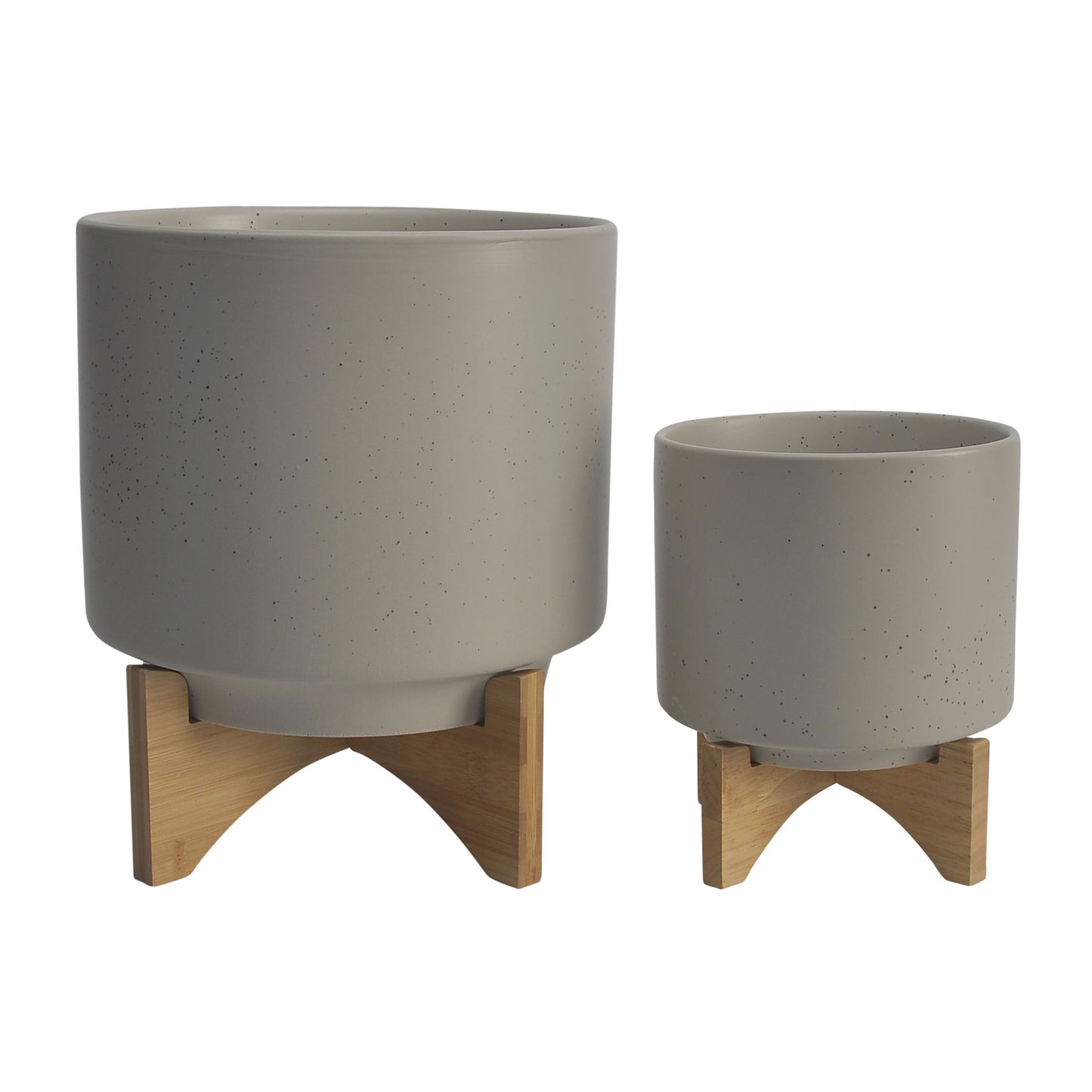 Cer, S/2 8/10" Planter W/ Wood Stand, Matte Beige