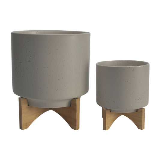 Cer, S/2 8/10" Planter W/ Wood Stand, Matte Beige