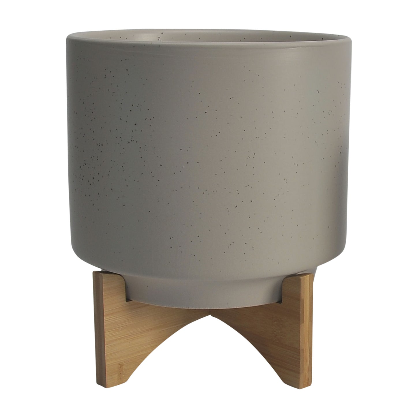 Cer, S/2 8/10" Planter W/ Wood Stand, Matte Beige