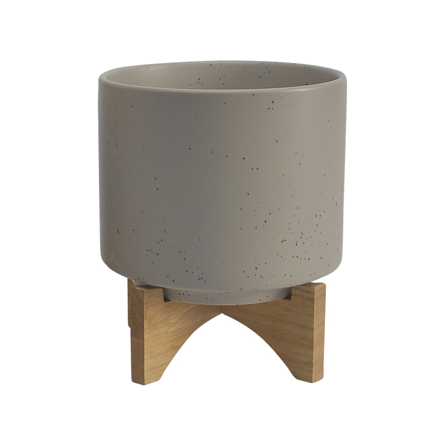 Cer, S/2 8/10" Planter W/ Wood Stand, Matte Beige