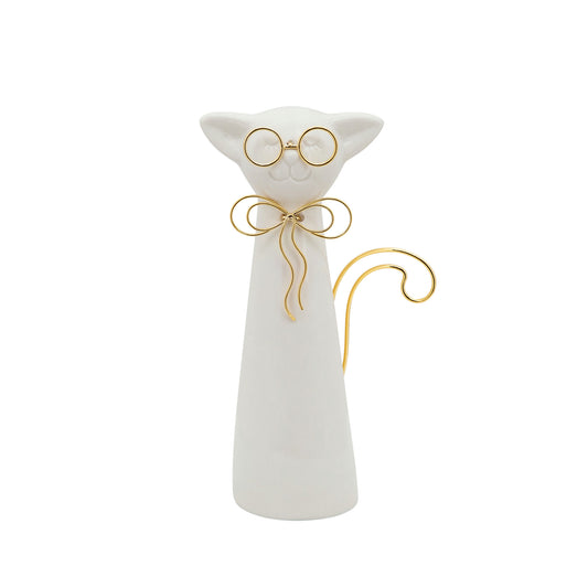 8"h Cat W/glasses Deco, White