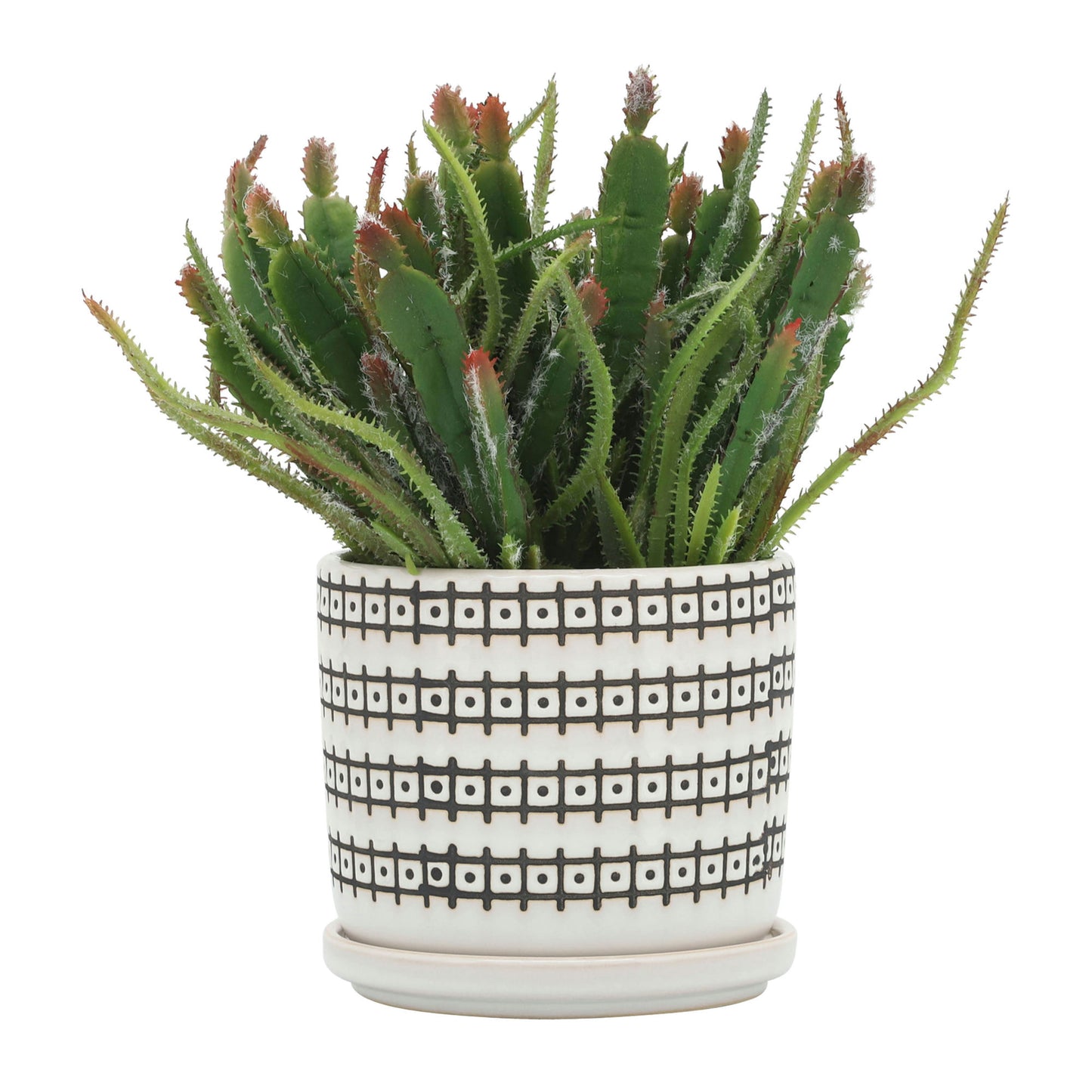 Cer, S/2 5/6" Abstract Planters W/ Saucer, Ivory, Grid Pattern