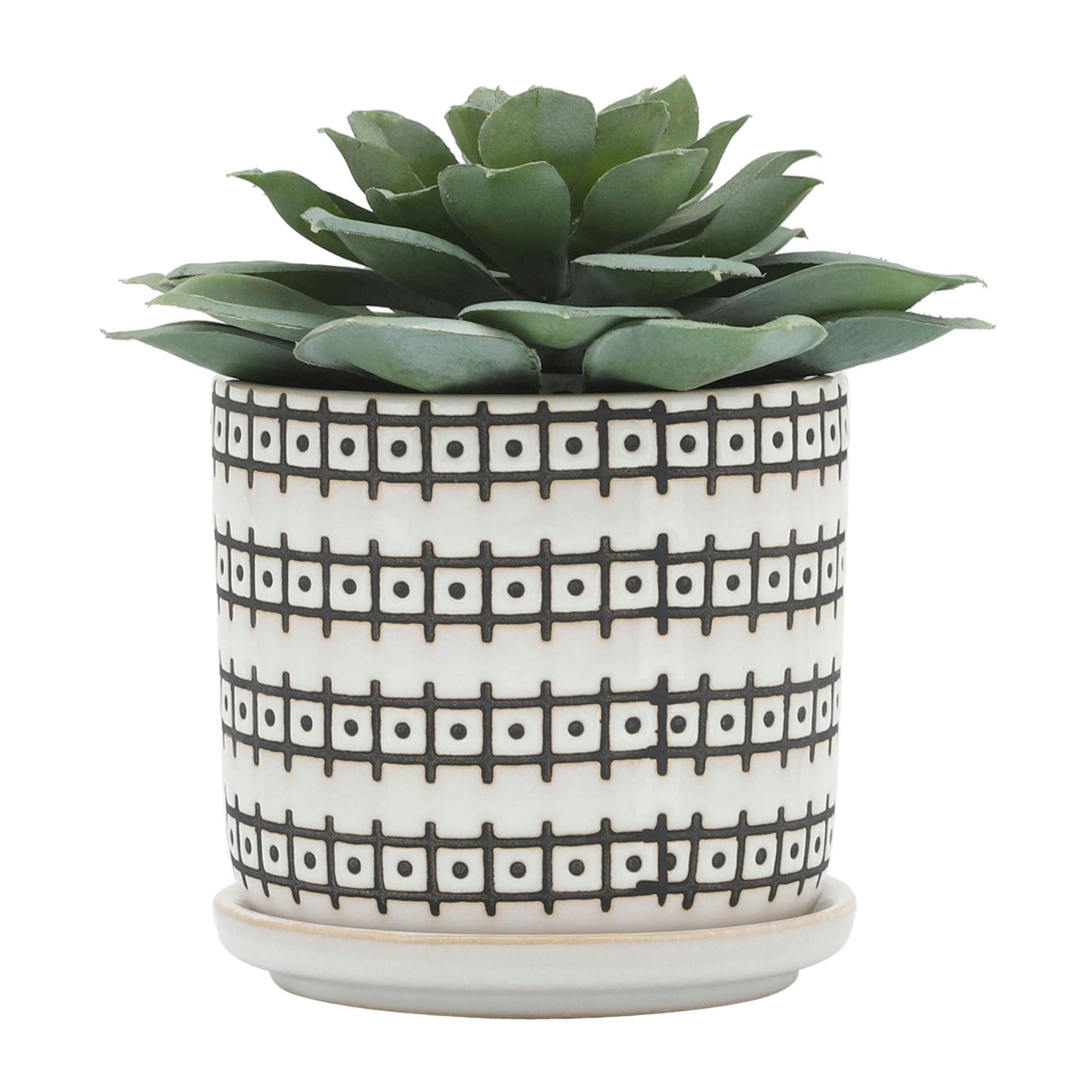 Cer, S/2 5/6" Abstract Planters W/ Saucer, Ivory, Grid Pattern